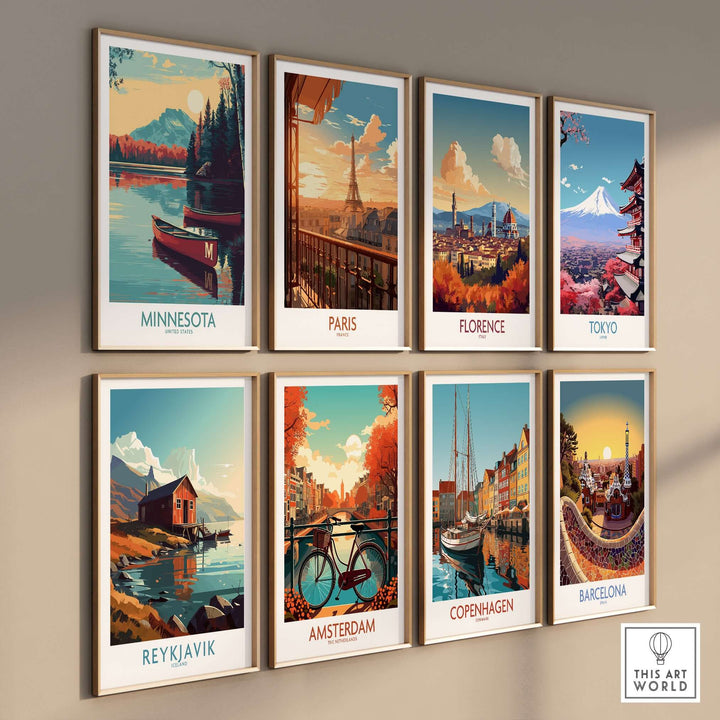 Gallery of travel prints featuring Minnesota, Paris, Florence, Tokyo, Reykjavik, Amsterdam, Copenhagen, and Barcelona.