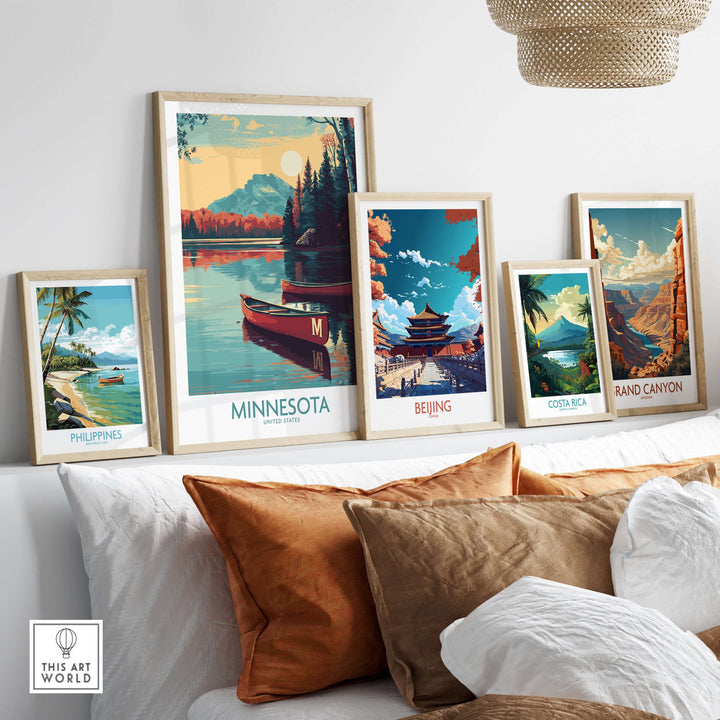 Lakeside print of Minnesota with travel decor from various destinations in a cozy living room setting.