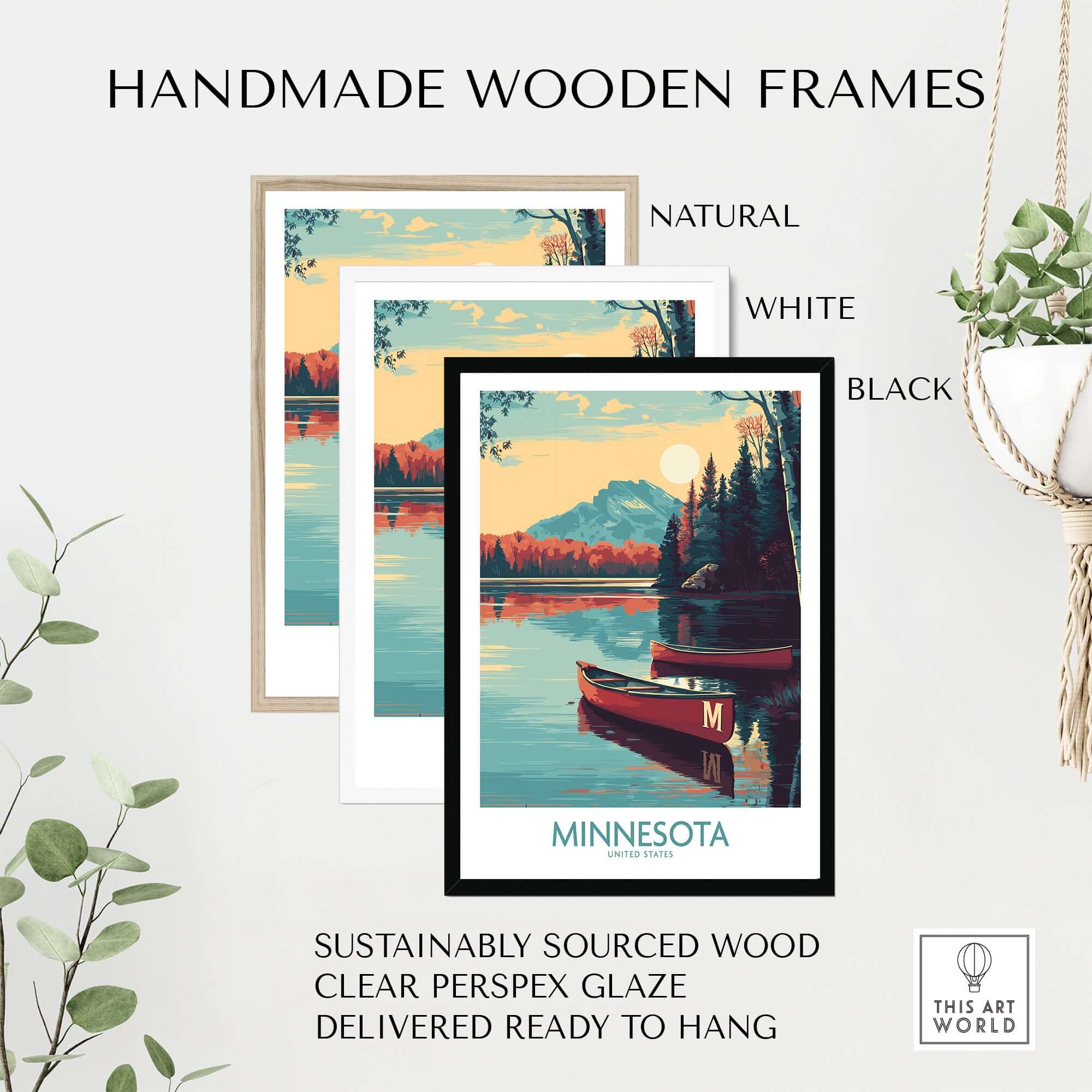 Handmade wooden frames showcasing Minnesota Lakeside Print - United States Travel Decor in natural, white, and black finishes.