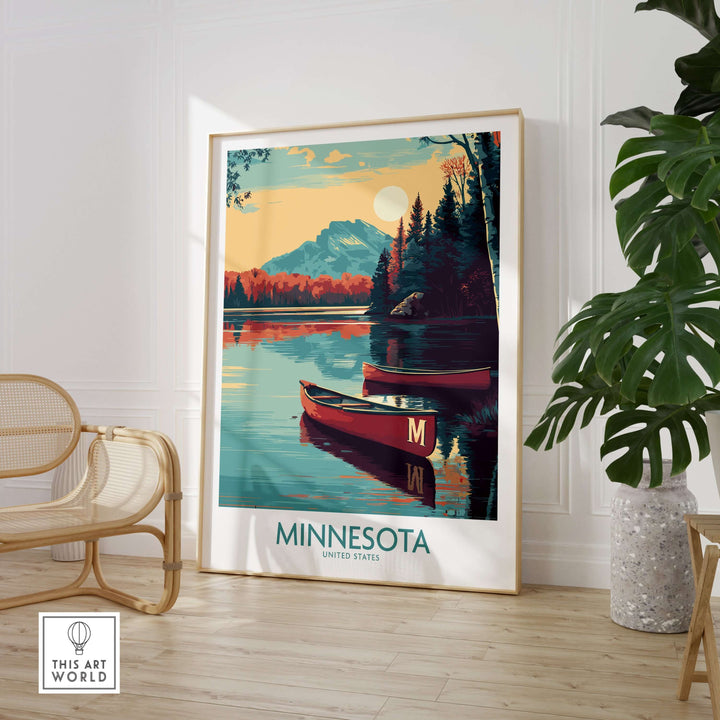 Minnesota Lakeside Print showcasing serene lake scenery and canoe, perfect for travel decor and home aesthetics.