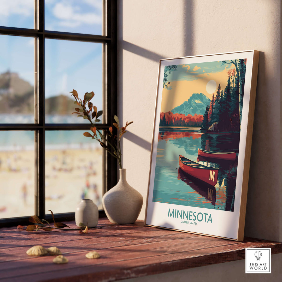 Minnesota lakeside print on a wooden table by the window, showcasing serene nature and travel decor.