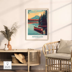 Minnesota Lakeside Print - United States Travel Decor in a stylish living room setting.