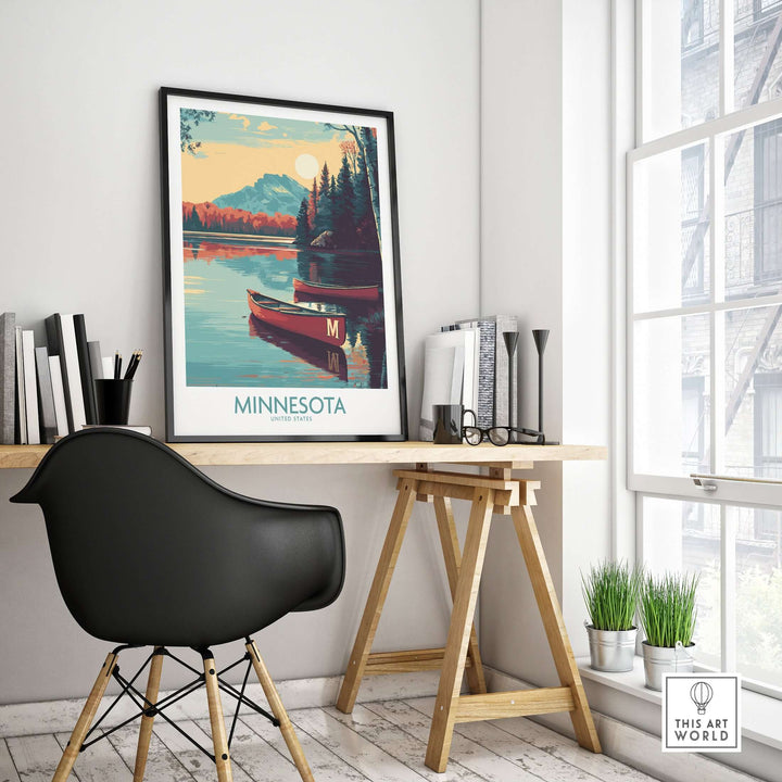 Minnesota lakeside print in a stylish home office setting, showcasing United States travel decor.