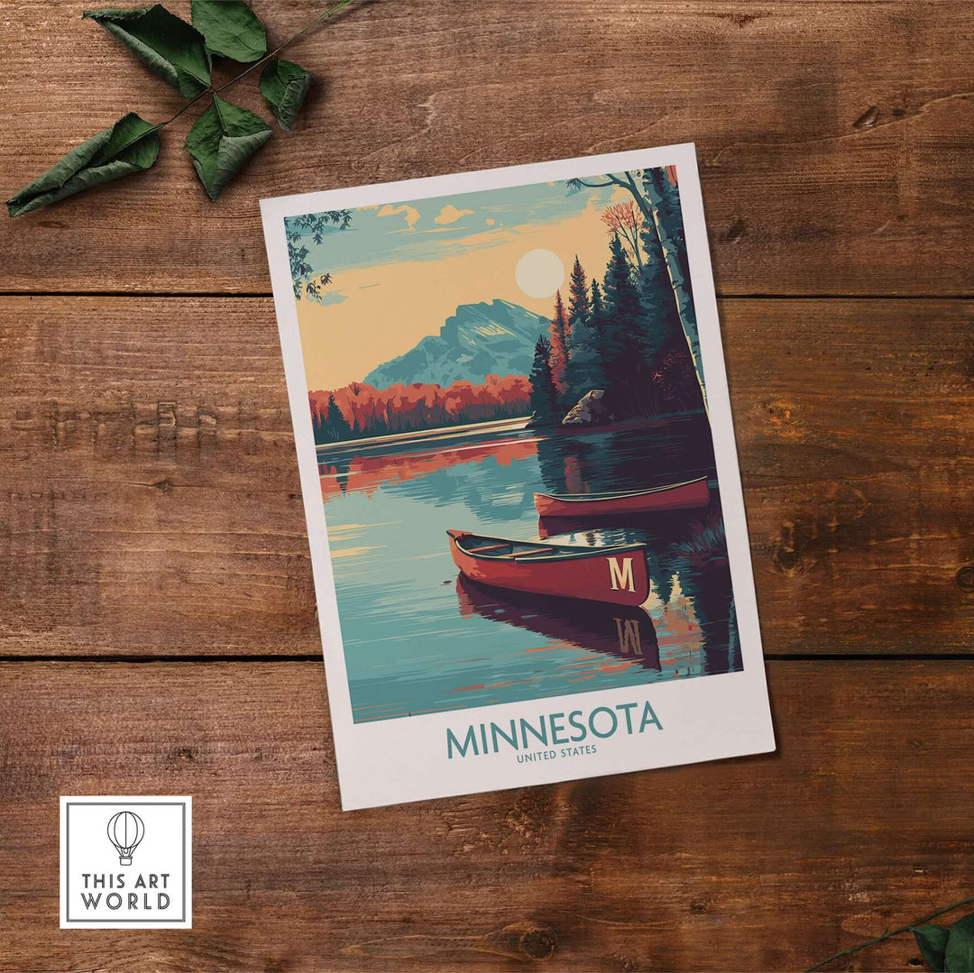 Minnesota Lakeside Print featuring a serene landscape with a canoe, perfect for United States travel decor.