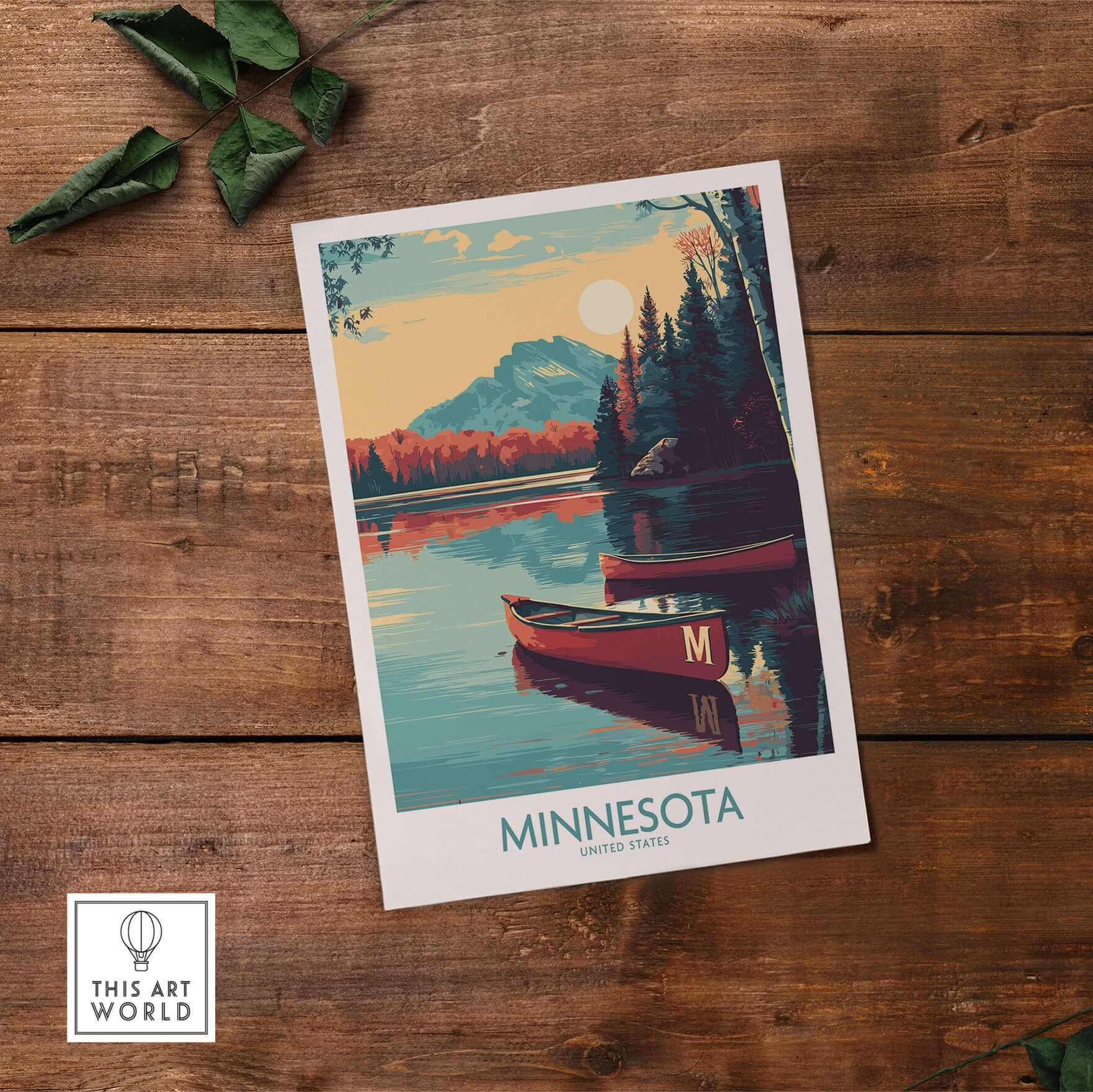 Minnesota Lakeside Print - United States Travel Decor showcasing serene lakes and landscapes in vibrant colors.