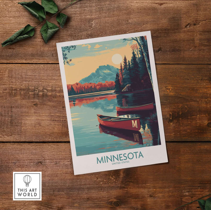 Minnesota Lakeside Print featuring a serene landscape with a canoe, perfect for United States travel decor.