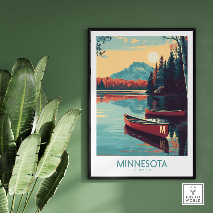 Minnesota lakeside print featuring canoes and mountains, perfect travel decor for home.