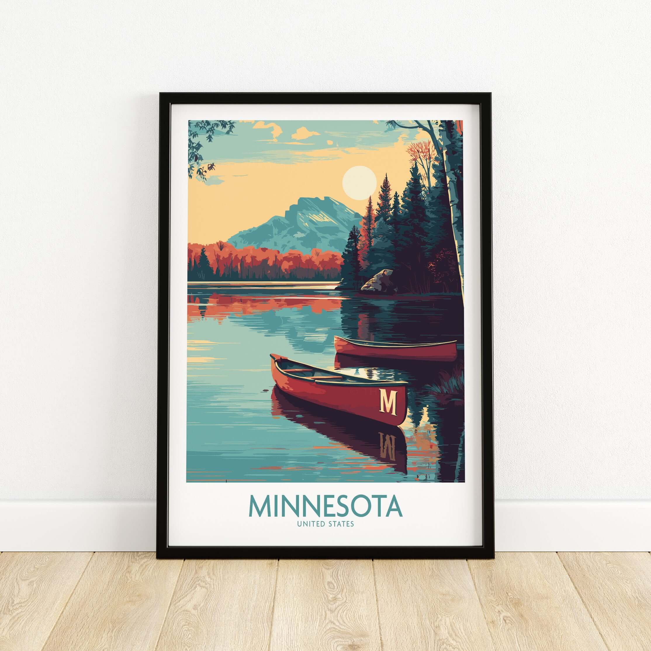 Minnesota Lakeside Print - United States Travel Decor showcasing serene lake with canoes and mountains in vibrant colors.