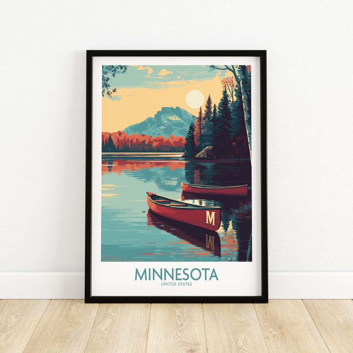 Minnesota lakeside print featuring canoes and mountains, perfect for U.S. travel decor.