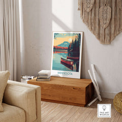 Minnesota Lakeside Print - United States Travel Decor displayed in a cozy living room with natural decor.
