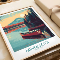 Minnesota Lakeside Print - United States Travel Decor featuring a beautiful lakeside scene with a canoe.