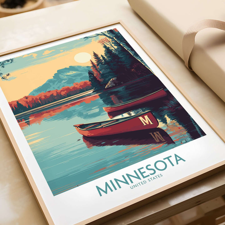 Minnesota lakeside print featuring a serene landscape with a canoe, perfect for United States travel decor.