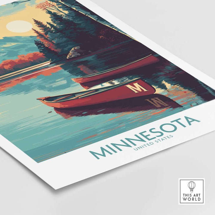 Minnesota lakeside print showcasing serene waters and forest, perfect for United States travel decor.