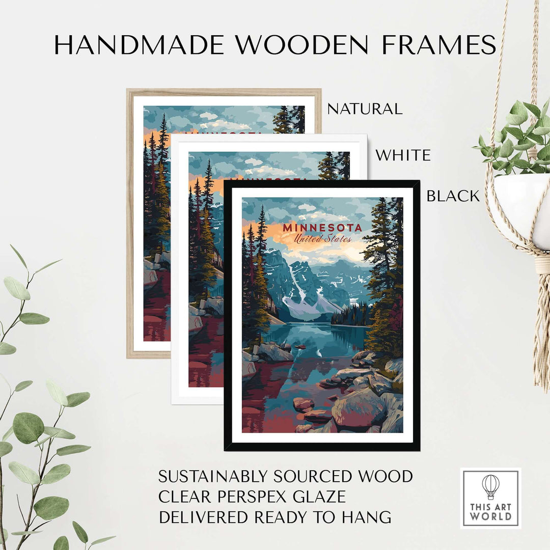 Handmade wooden frames in natural, white, and black showcasing Minnesota mountain lake poster wall art.