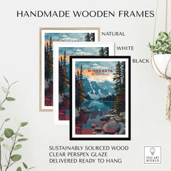 Minnesota USA Mountain Lake Poster - Rocky Landscape Wall Art in handmade wooden frames, available in natural, white, and black.