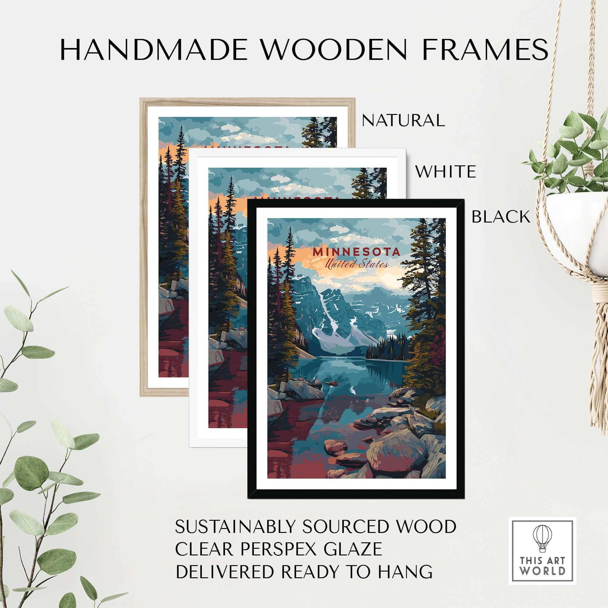 Minnesota USA Mountain Lake Poster - Rocky Landscape Wall Art in handmade wooden frames, available in natural, white, and black.