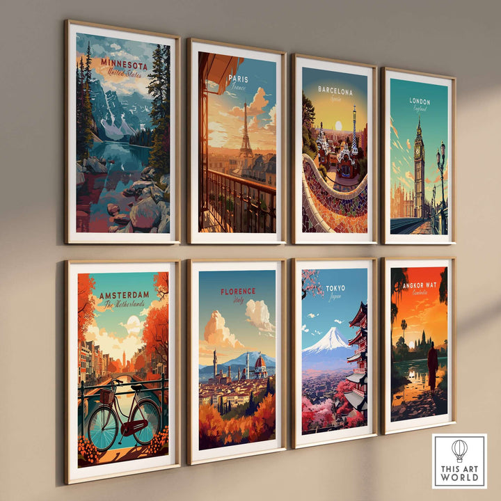 Gallery of travel posters featuring Minnesota, Paris, Barcelona, London, Amsterdam, Florence, Tokyo, and Angkor Wat.