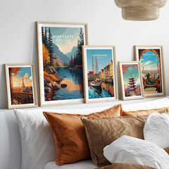 Minnesota USA Nature Forest Poster - Scenic Landscape Wall Art displayed among other travel posters on a cozy couch.