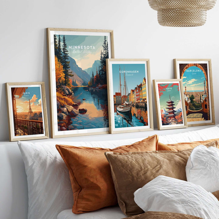 Framed Minnesota Nature Forest Poster and scenic wall art collection on a stylish living room sofa.