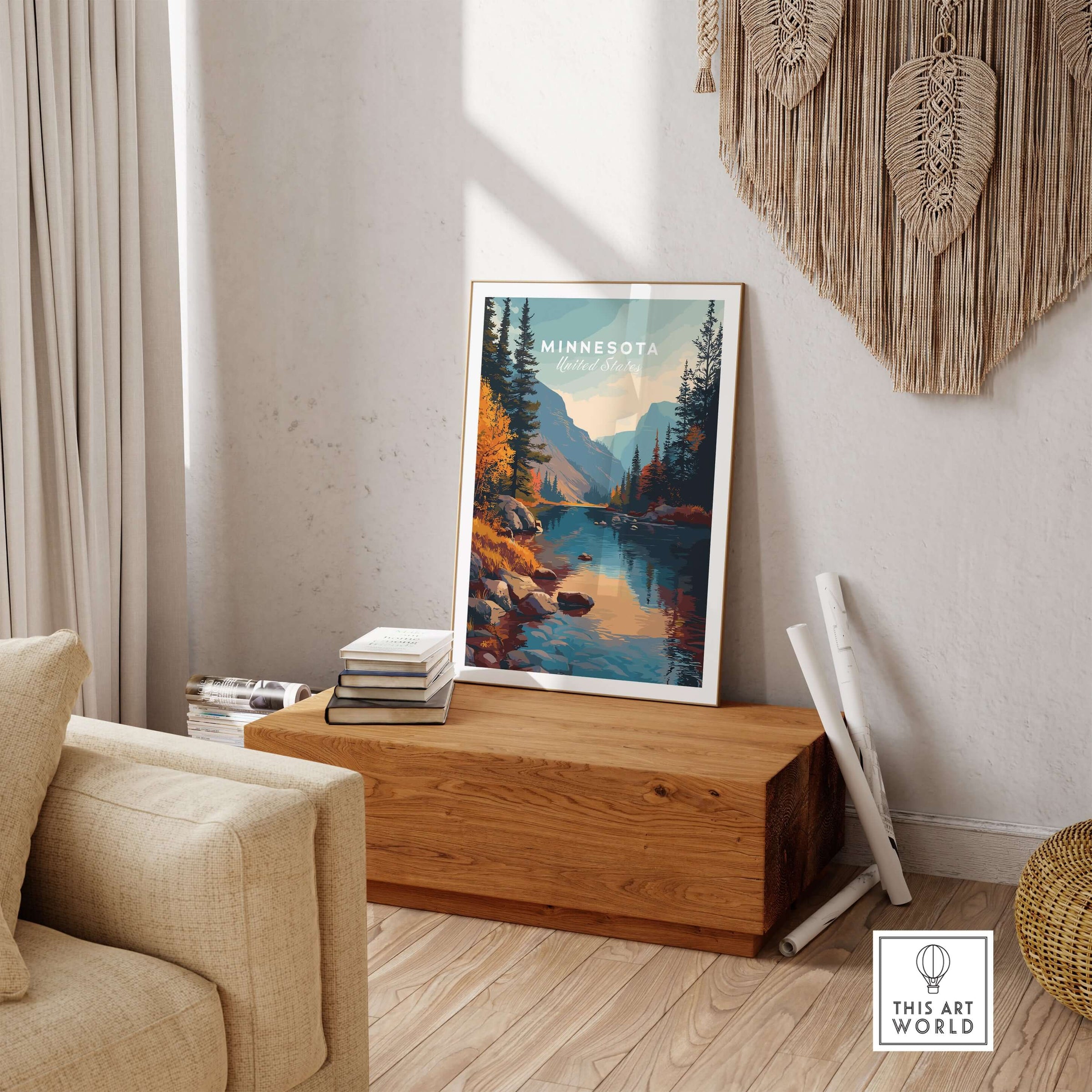 Minnesota USA Nature Forest Poster - Scenic Landscape Wall Art displayed in a cozy living room.