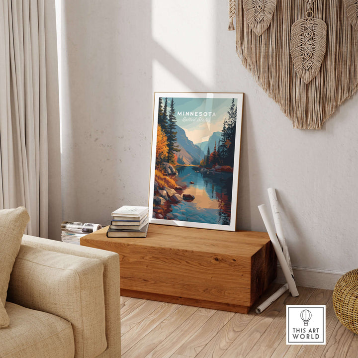 Minnesota Nature Forest Poster in a cozy room, showcasing scenic landscape wall art for nature lovers.