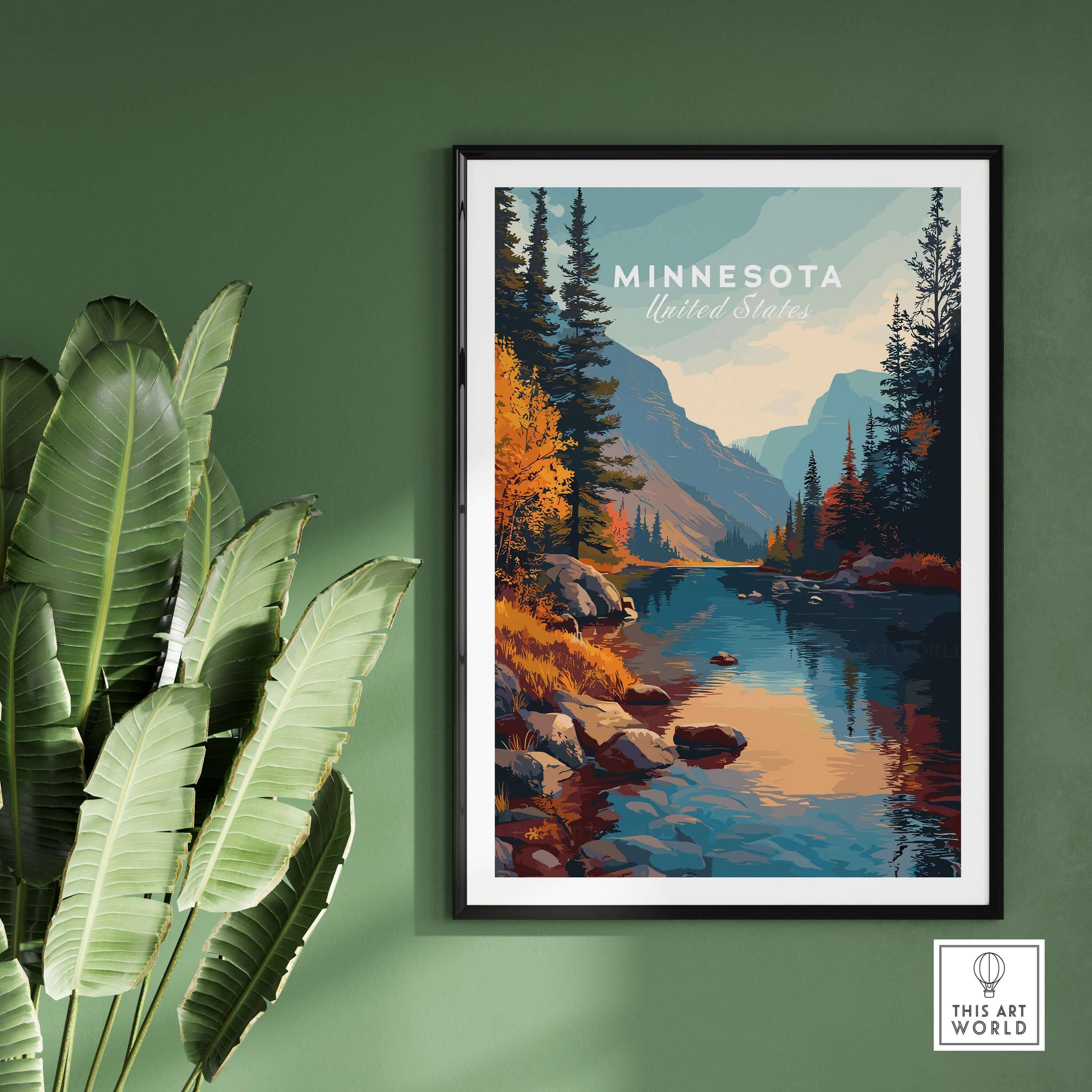 Minnesota USA Nature Forest Poster - Scenic Landscape Wall Art displayed against a green wall with a plant.