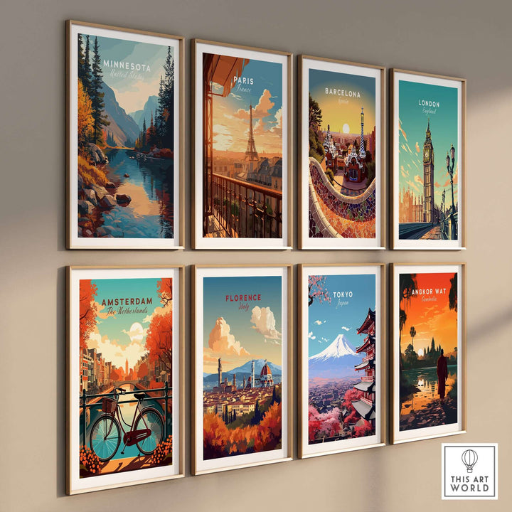 Artistic poster display featuring scenic landscapes from Minnesota, Paris, Barcelona, London, Amsterdam, Florence, Tokyo, and Angkor Wat.