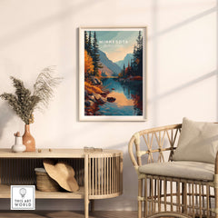 Minnesota USA Nature Forest Poster - Scenic Landscape Wall Art featuring serene river and mountains.