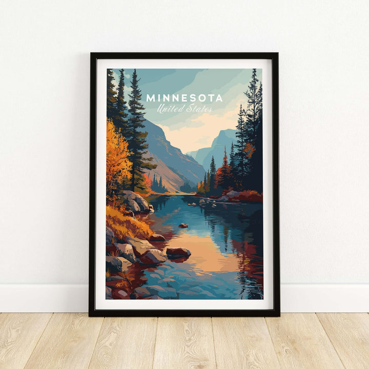 Minnesota nature forest poster featuring a serene landscape with mountains, river, and trees, perfect for wall art.