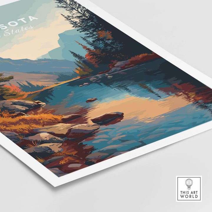 Minnesota USA nature forest poster featuring a serene landscape with a river and mountains, perfect for home decor.
