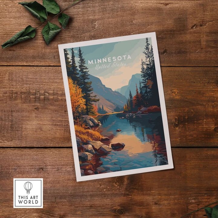 Minnesota nature forest poster featuring serene landscape with mountains and reflective water.