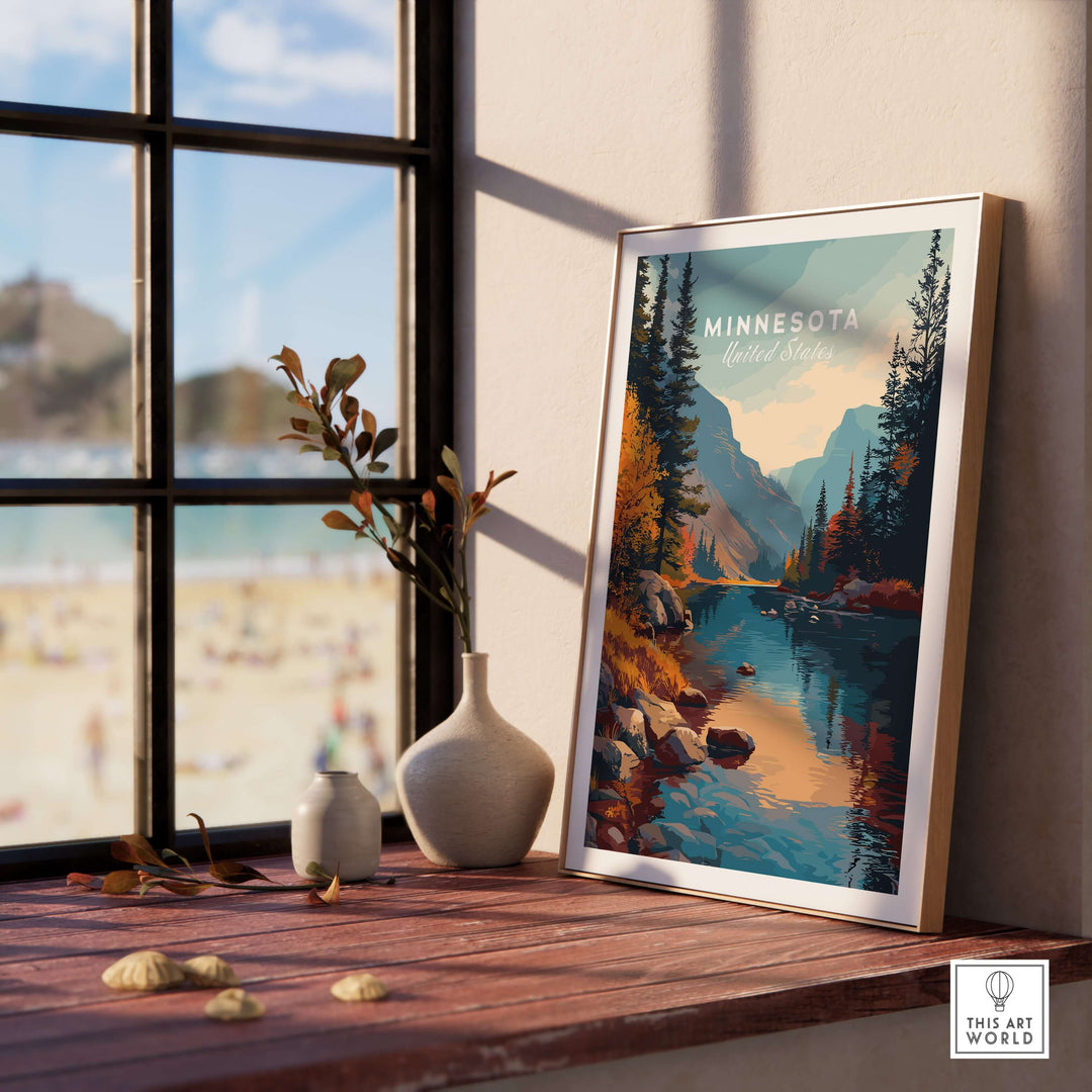 Framed Minnesota nature forest poster on a windowsill showcasing a serene landscape and calming colors.