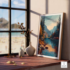 Minnesota USA Nature Forest Poster - Scenic Landscape Wall Art displayed in a cozy interior near a window.