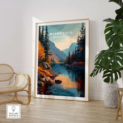 Minnesota USA Nature Forest Poster - Scenic Landscape Wall Art displayed in a cozy interior setting with a river and mountains.