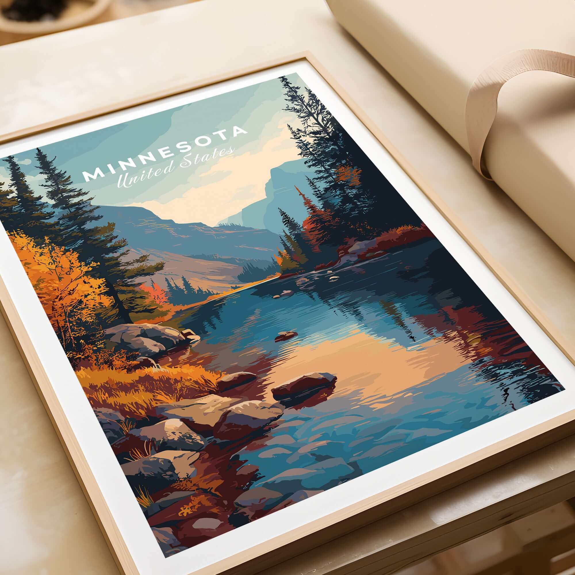 Minnesota USA Nature Forest Poster - Scenic Landscape Wall Art showcasing a serene forest and river in autumn colors.