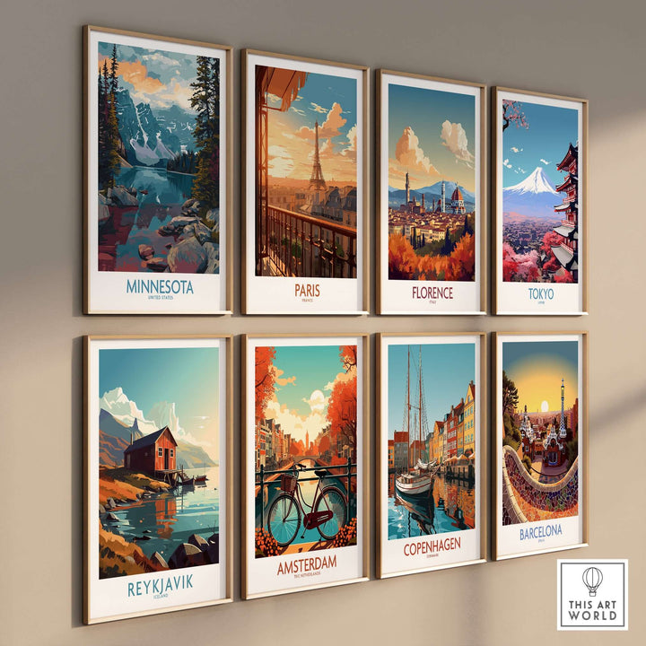 Collection of travel decor prints featuring iconic landmarks from Minnesota, Paris, Florence, Tokyo, Reykjavik, Amsterdam, Copenhagen, and Barcelona.