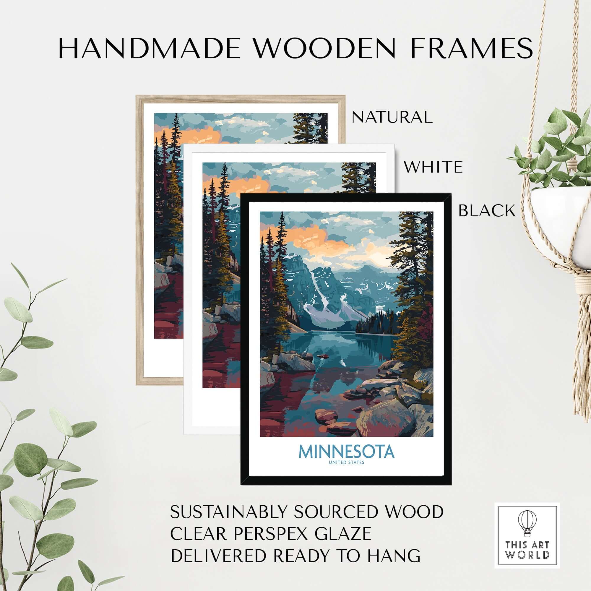 Minnesota Print - United States Travel Decor with handmade wooden frames in natural, white, and black options.