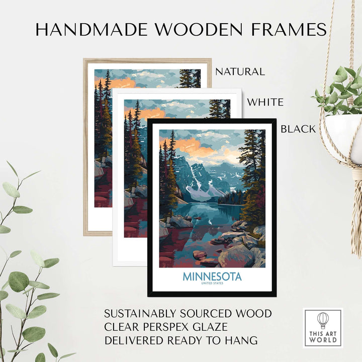 Handmade wooden frames in natural, white, and black for Minnesota travel decor print, ready to hang.