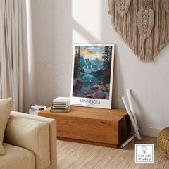 Minnesota Print - United States Travel Decor displayed in a cozy living room with natural elements.