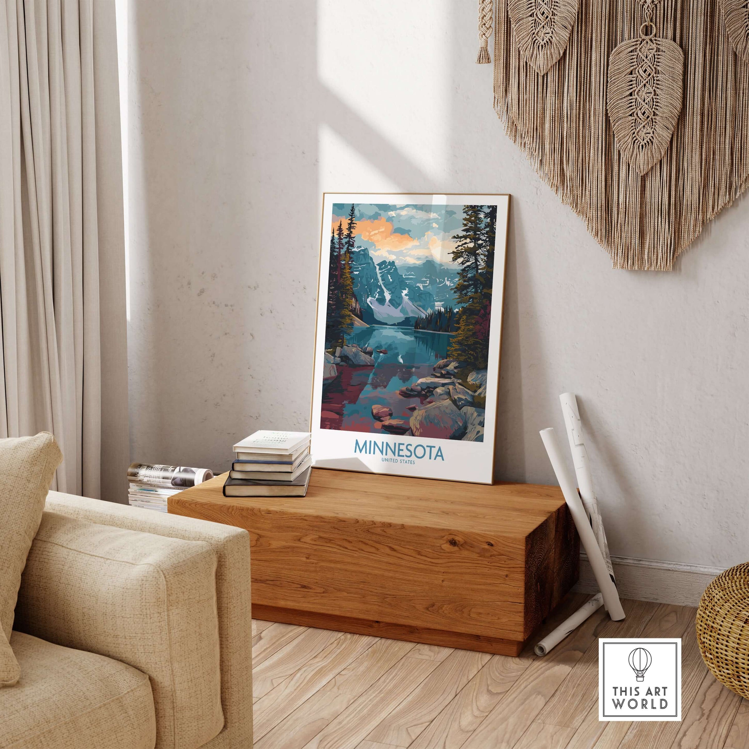 Minnesota Print - United States Travel Decor displayed in a cozy living room with natural elements.