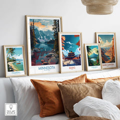 Minnesota Print - United States Travel Decor displayed among other travel decor prints on a stylish wall.