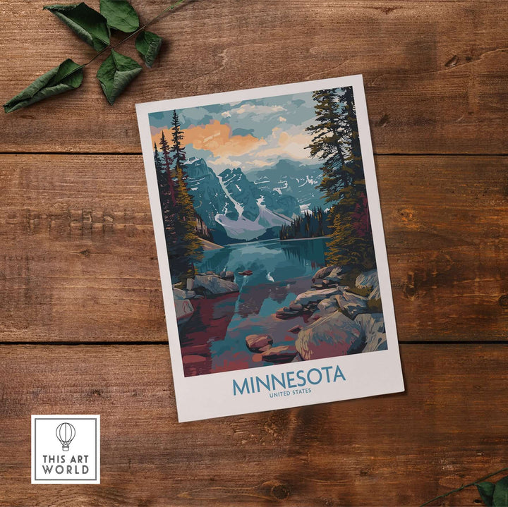 Minnesota travel decor print showcasing serene landscapes and iconic landmarks of the United States.
