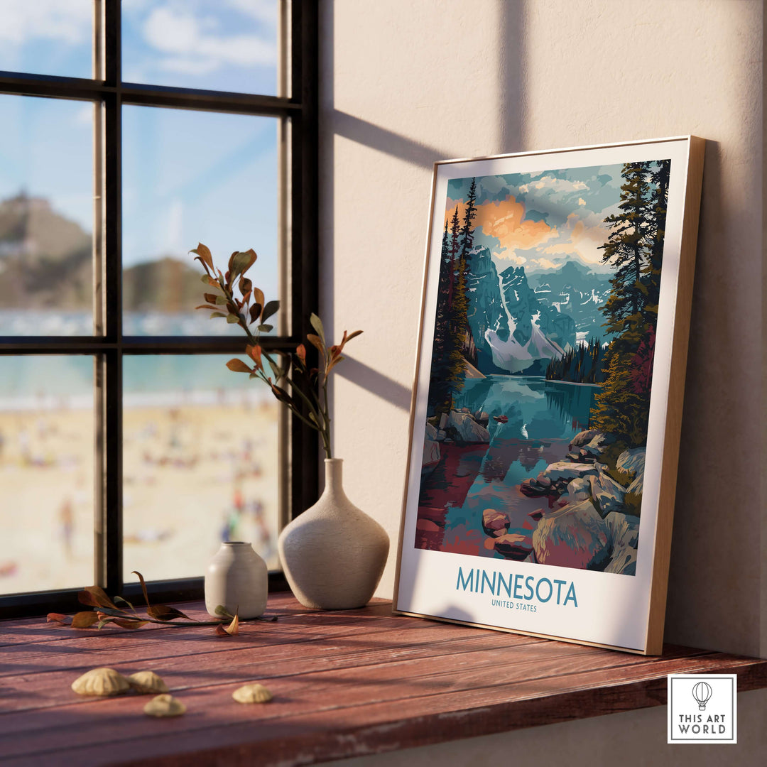 Minnesota travel decor print showing iconic landscapes and landmarks, displayed on a windowsill.