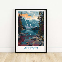Minnesota Print - United States Travel Decor showcasing a serene lake surrounded by mountains and pine trees.