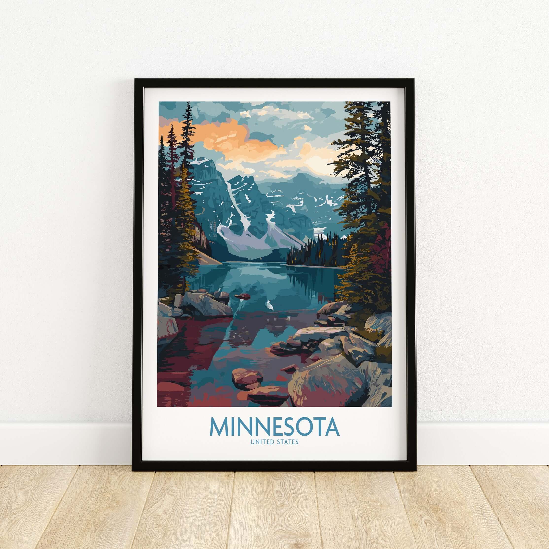 Minnesota Print - United States Travel Decor showcasing a serene lake surrounded by mountains and pine trees.