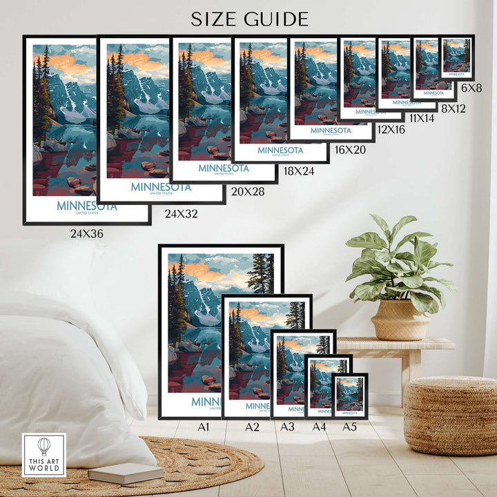 Size guide for Minnesota travel decor prints showcasing various sizes in a home setting.