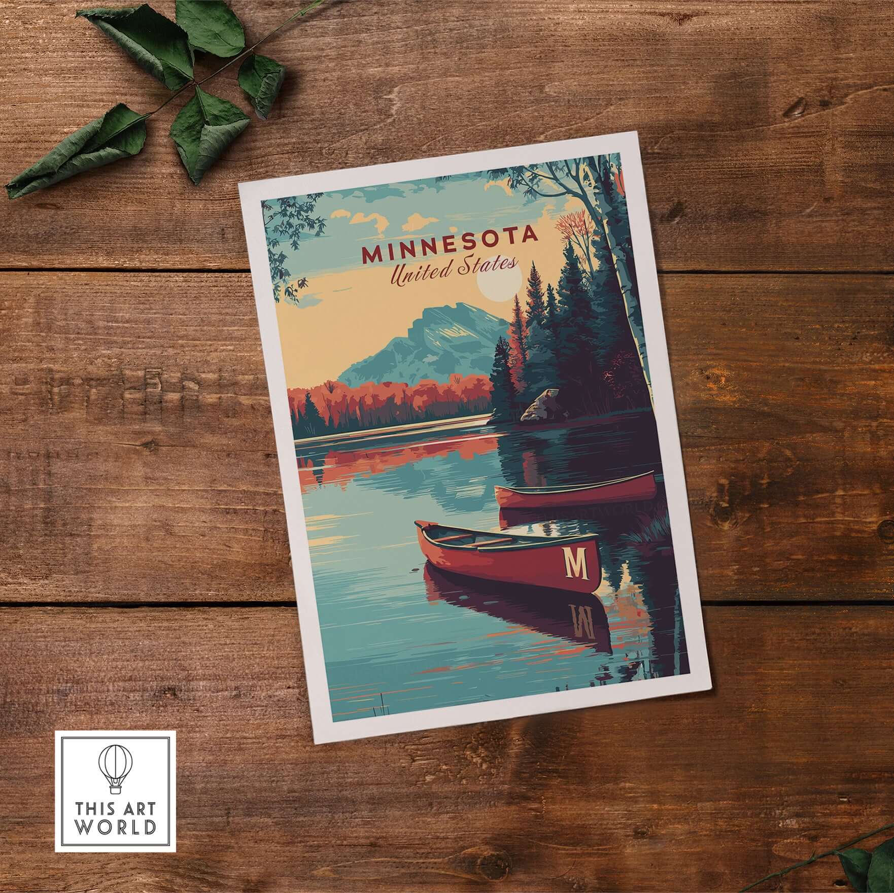 Minnesota USA Lake Canoe Poster - Peaceful Landscape Wall Art featuring a serene lake with a canoe and mountains in the background.