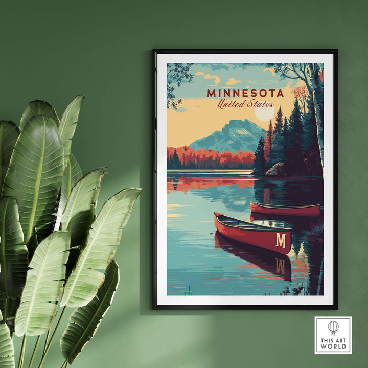 Minnesota USA Lake Canoe Poster featuring serene lakeside landscape and canoe, ideal for nature lovers and wall decor.