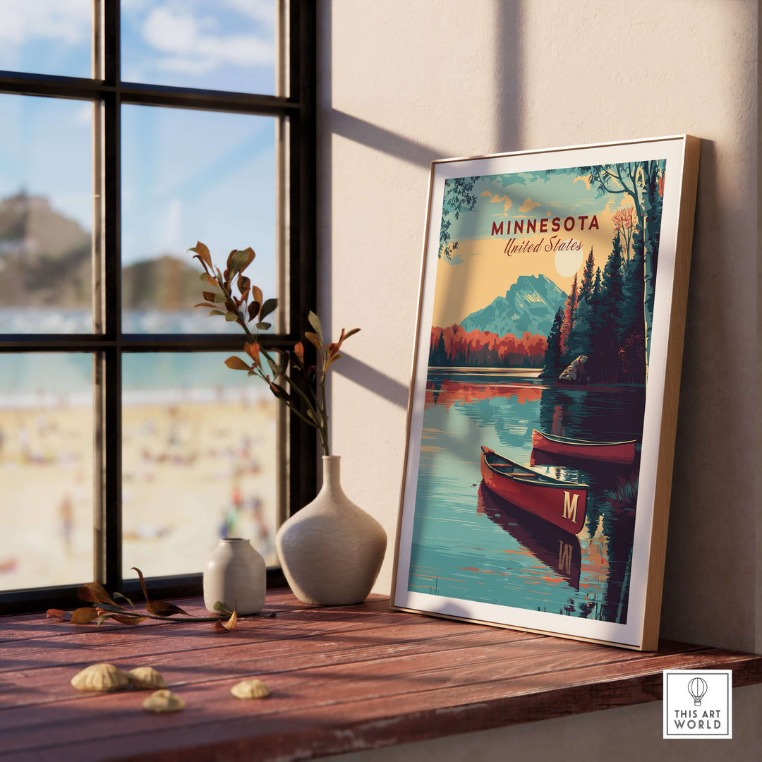 Framed Minnesota lake canoe poster depicting serene landscape and mountains, perfect wall art for nature lovers.