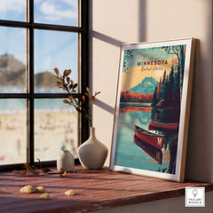 Minnesota USA Lake Canoe Poster - Peaceful Landscape Wall Art displayed in a sunny room with a lake view.